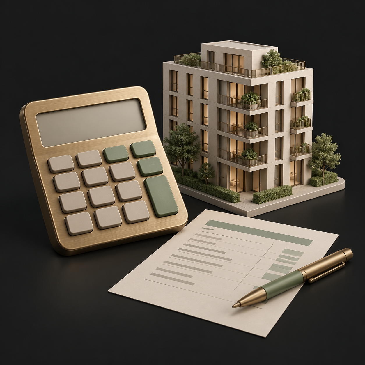 Illustration eines Rechners mit Immobilienmodell in gedämpftem Messing